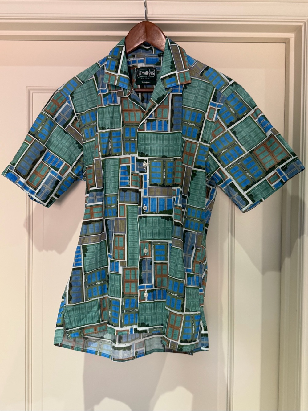 Gitman Brothers Short Sleeve Button-Down in Green & Blue Window Print